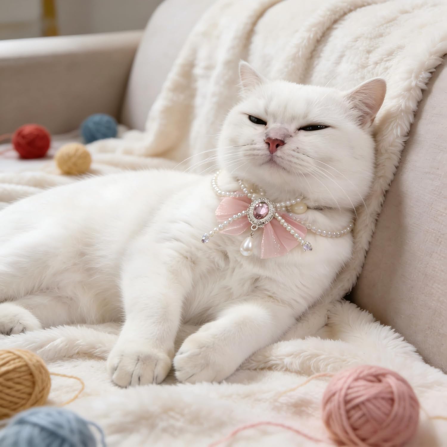High quality sparkling crystal and pearl pet neck accessory for holiday photoshoots.
