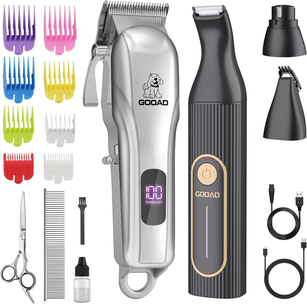 Gooad Dog Clippers Grooming Kit front view showcasing the main rechargeable cordless pet shaver with its premium digital LCD power display screen.