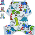 Puppishy dog pajamas front view showing the cute blue dinosaur print on a small puppy.