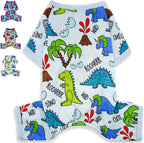 Puppishy dog pajamas front view showing the cute blue dinosaur print on a small puppy.