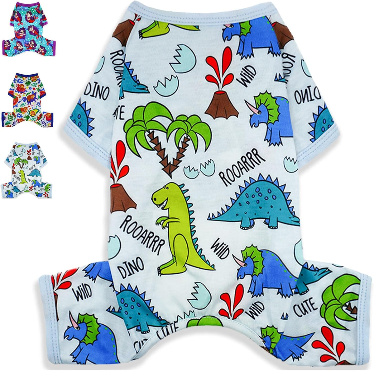 Puppishy dog pajamas front view showing the cute blue dinosaur print on a small puppy.