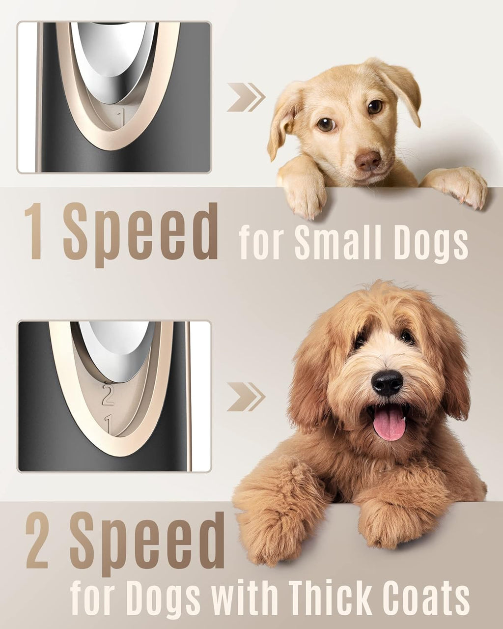 Oneisall low noise pet shaver kit being used on a dog showing two speed adjustment button.