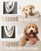 Oneisall low noise pet shaver kit being used on a dog showing two speed adjustment button.