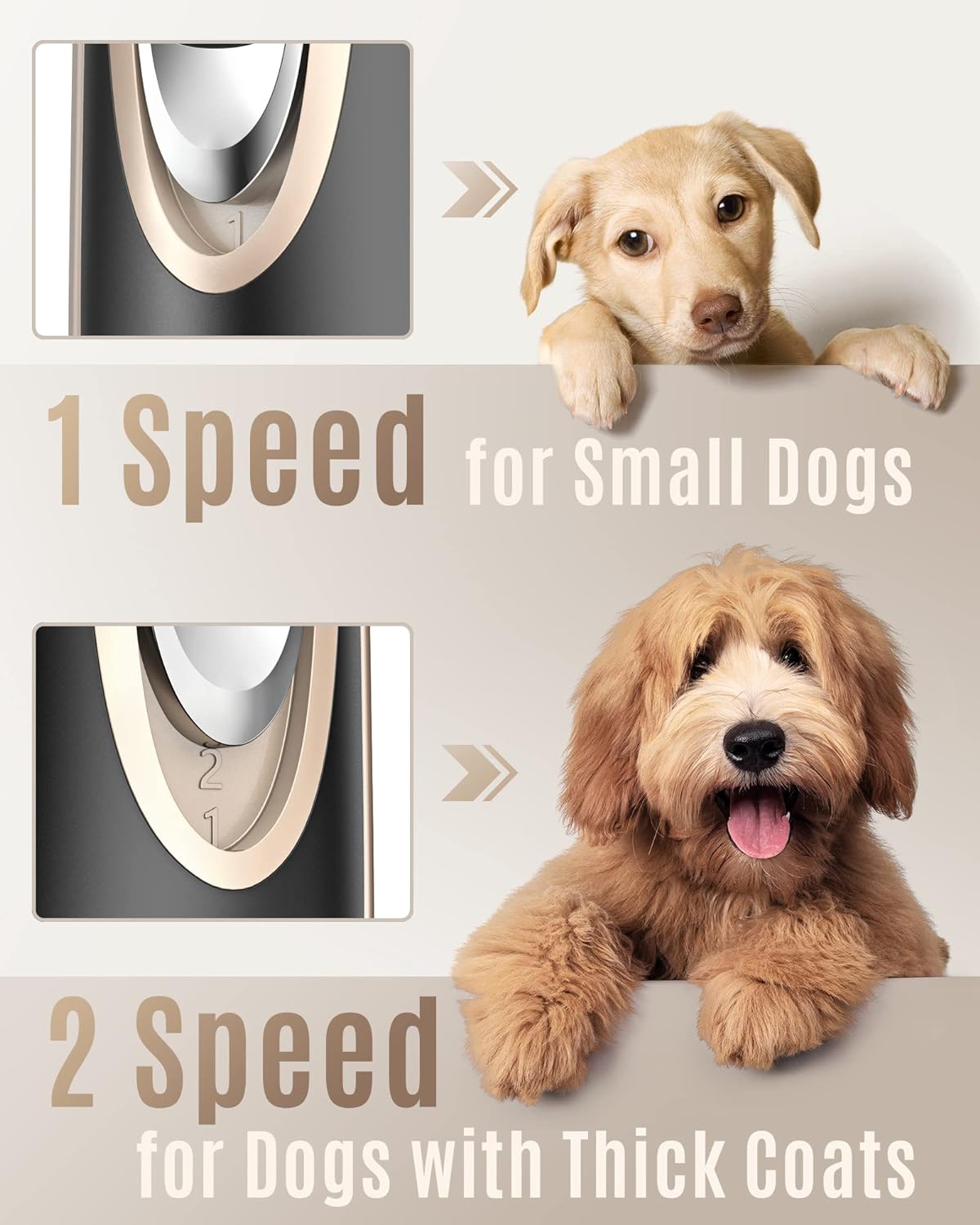 Oneisall low noise pet shaver kit being used on a dog showing two speed adjustment button.