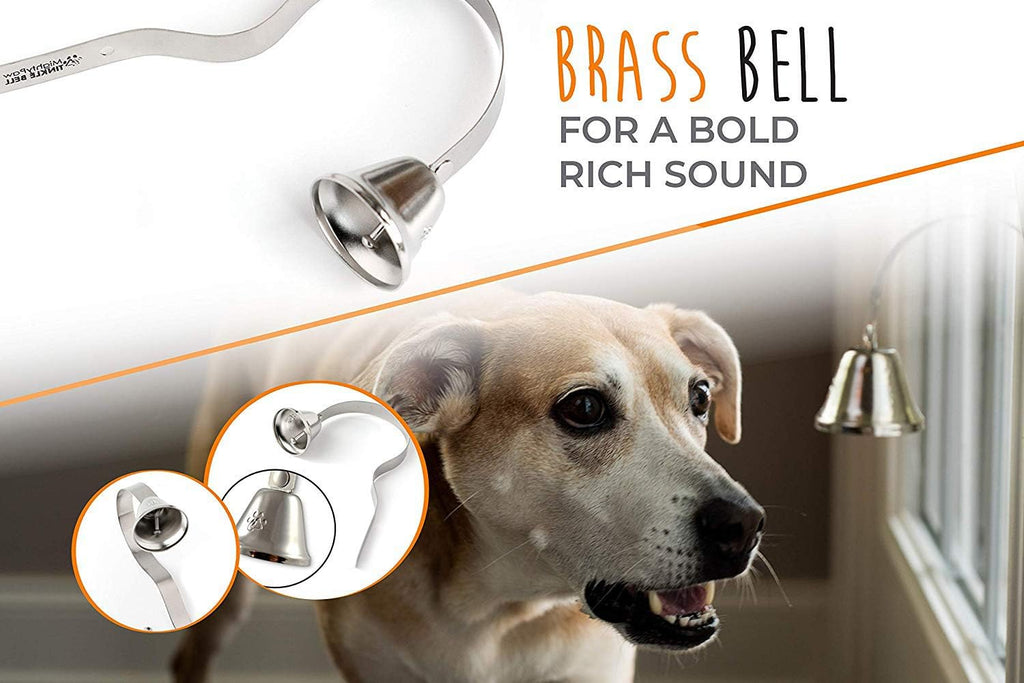 Close up of silver Mighty Paw durable brass dog bell