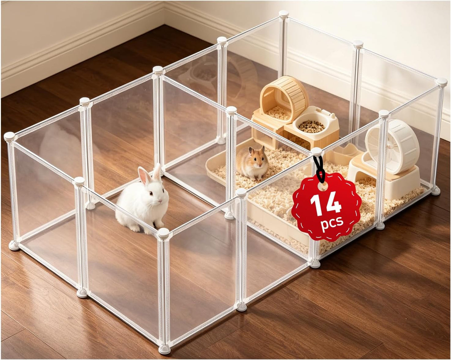14 Panels 16.5" H Small Animal Playpen, Anti-Jump Durable Puppy Play Pen for Rabbits, Kittens, Chicklings, Ducklings & Hamsters DIY Indoor Outdoor Use, Transparent - Image 1