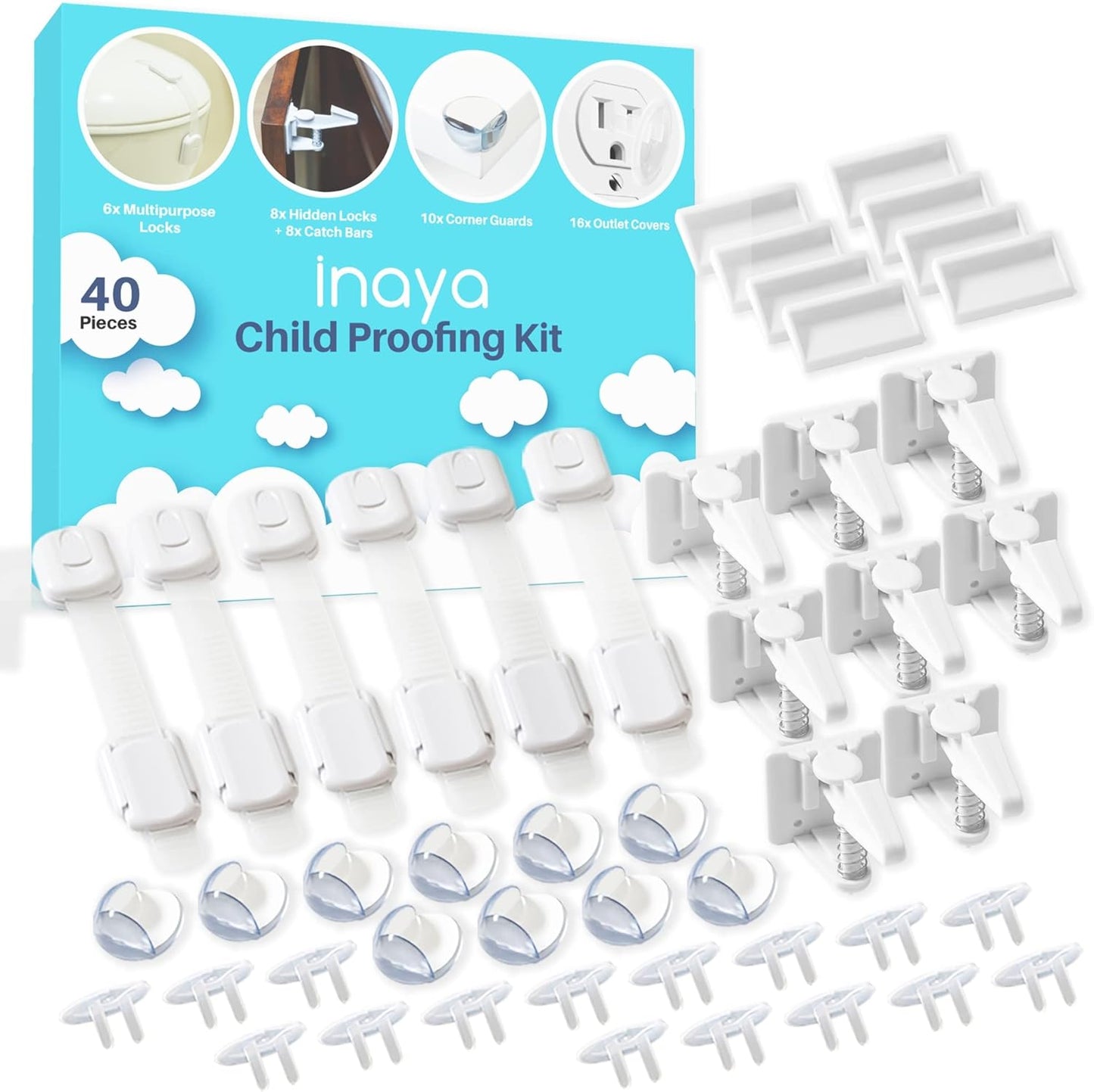Inaya complete baby proofing kit front view showing all 40 pieces of safety gear.