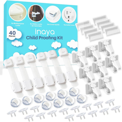 Inaya complete baby proofing kit front view showing all 40 pieces of safety gear.