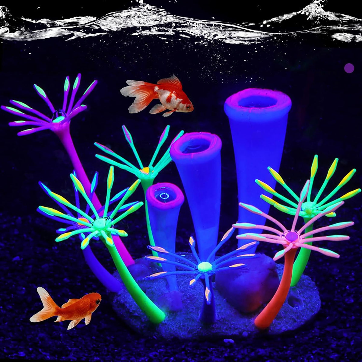 HIKTQIW glowing aquarium decoration purple front view under blue LED light