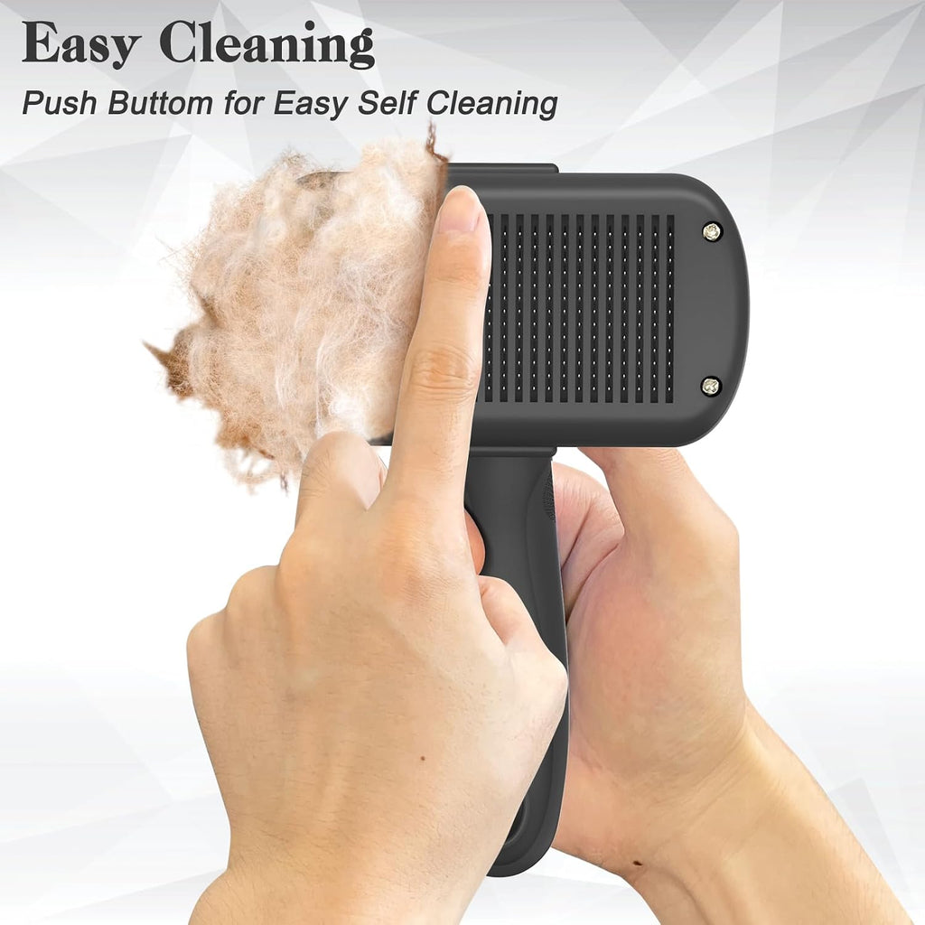 Close up of the one click pet fur removal mechanism on the Dipoo self cleaning slicker brush.