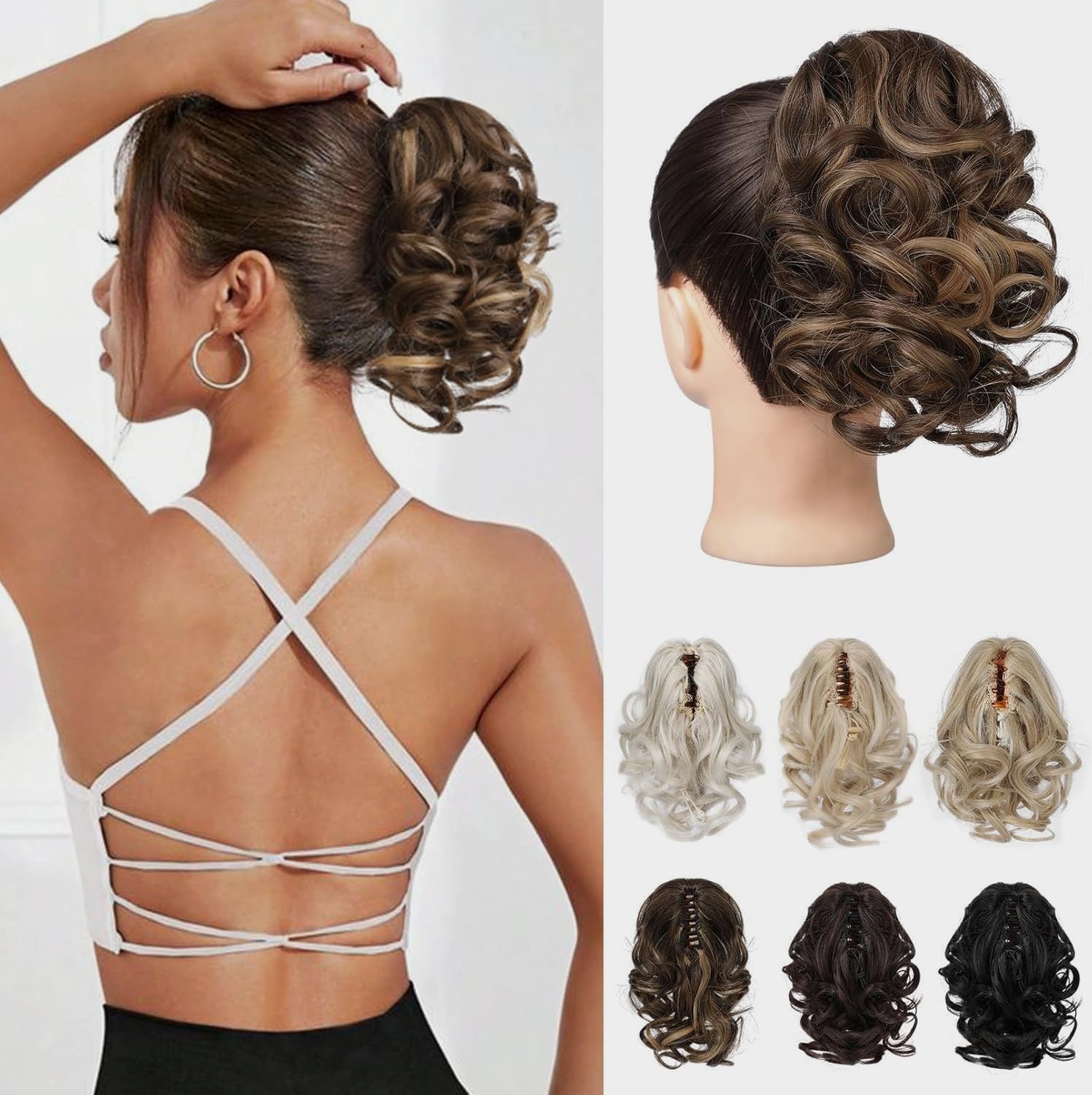 REECHO Ponytail Extension front view showing short curly wavy style in chestnut brown with golden highlights.