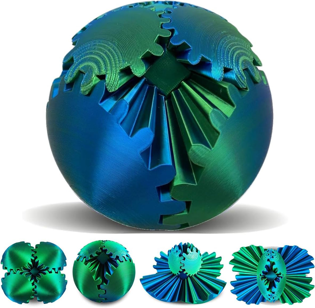 SANSGOUP 3D printed gearsphere front view showcasing interlocking green mechanical cogs.