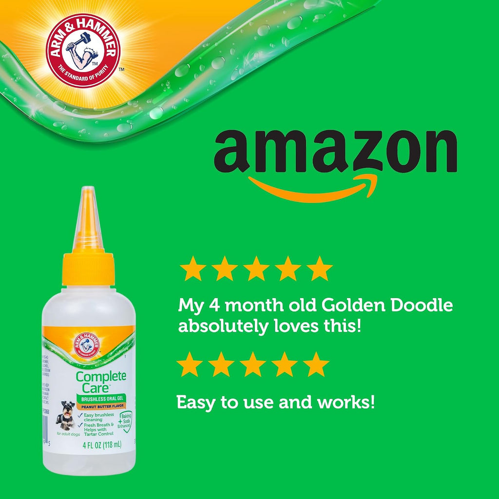 Arm And Hammer dog oral hygiene gel bottle showing product benefits