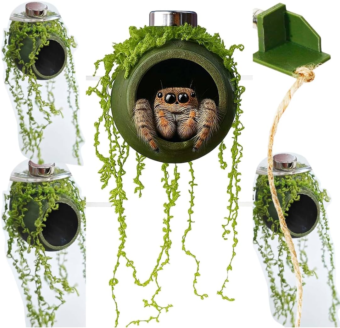 YOMENO jumping spider enclosure accessories front view showing cocoon shaped hides with green artificial moss