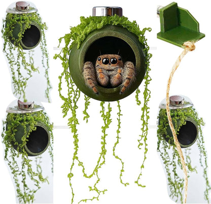 YOMENO jumping spider enclosure accessories front view showing cocoon shaped hides with green artificial moss