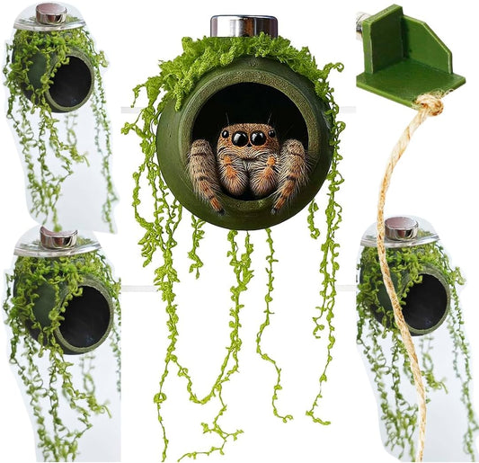 YOMENO jumping spider enclosure accessories front view showing cocoon shaped hides with green artificial moss