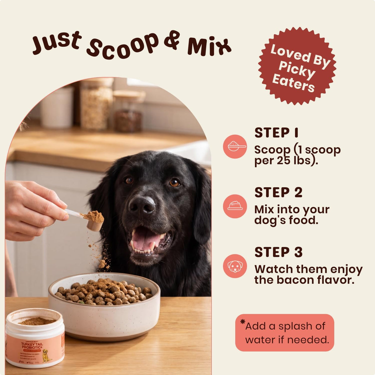 Close up of the bacon flavored mushroom powder texture for senior dogs