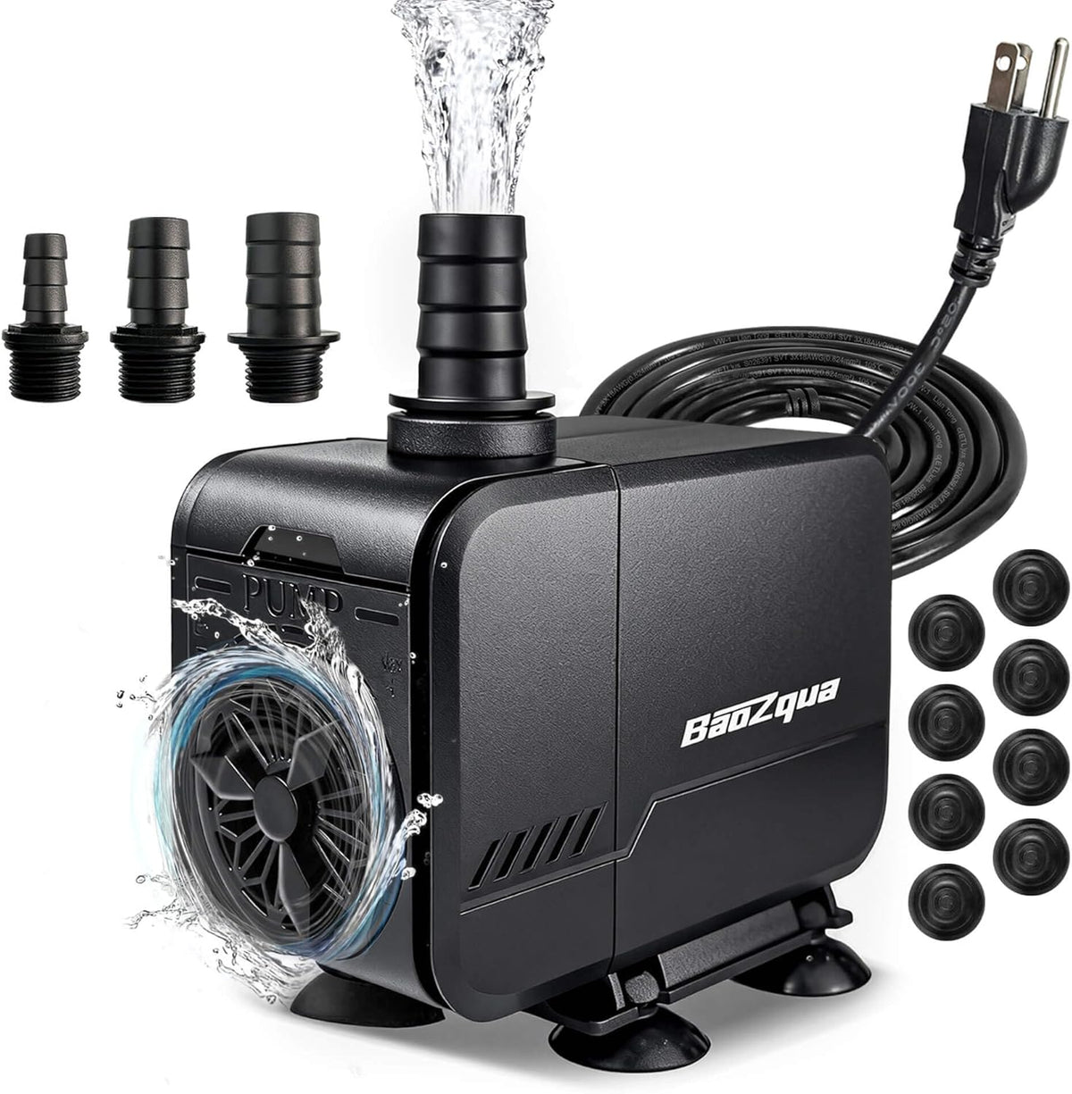 BaoZqua 320GPH Submersible Water Pump front view showing flow control dial.