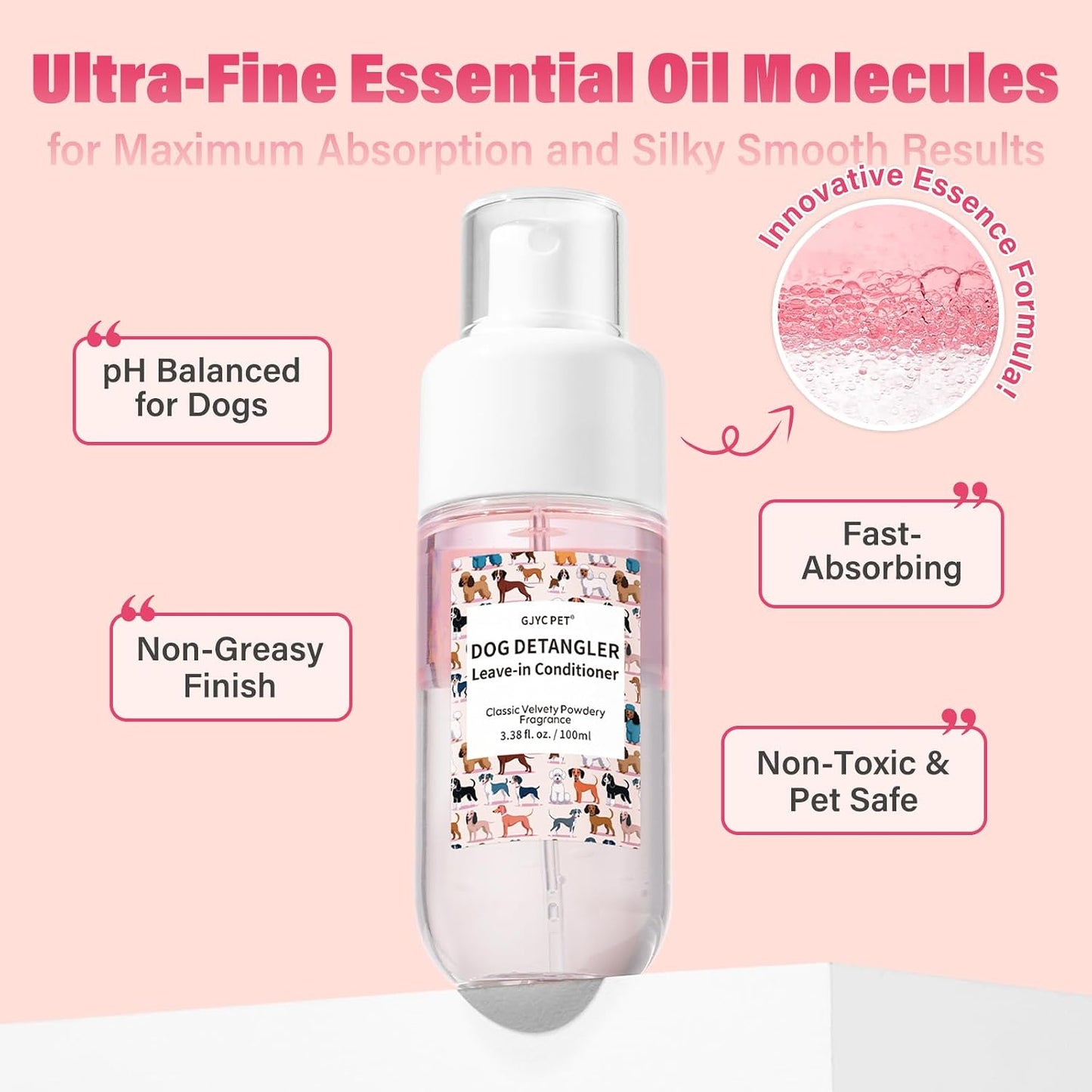 Dog detangling spray infused with coconut oil and jojoba oil for easy mat removal.