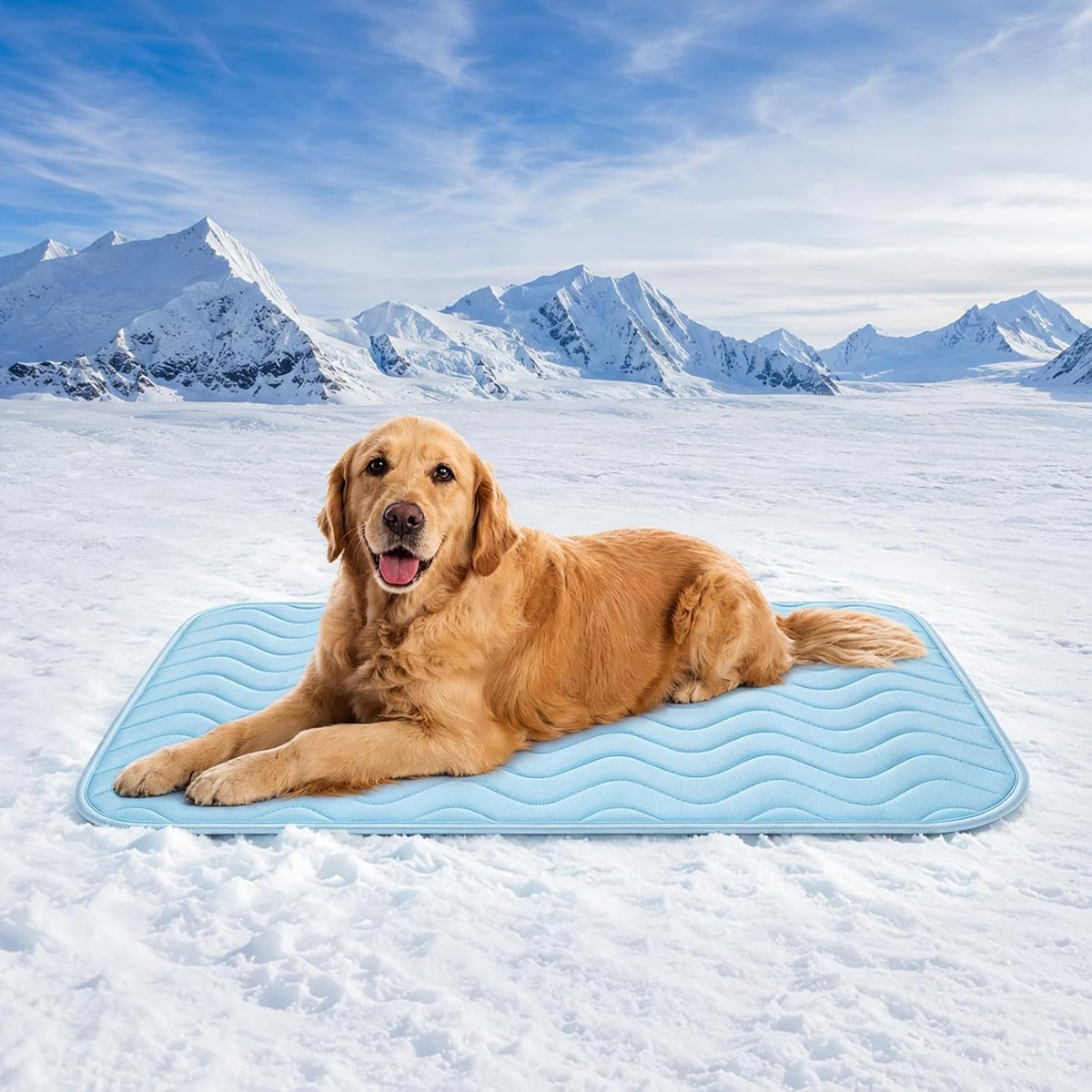 ZENGAOOU dog cooling mat front view displaying the large blue self cooling fabric layout for pets.