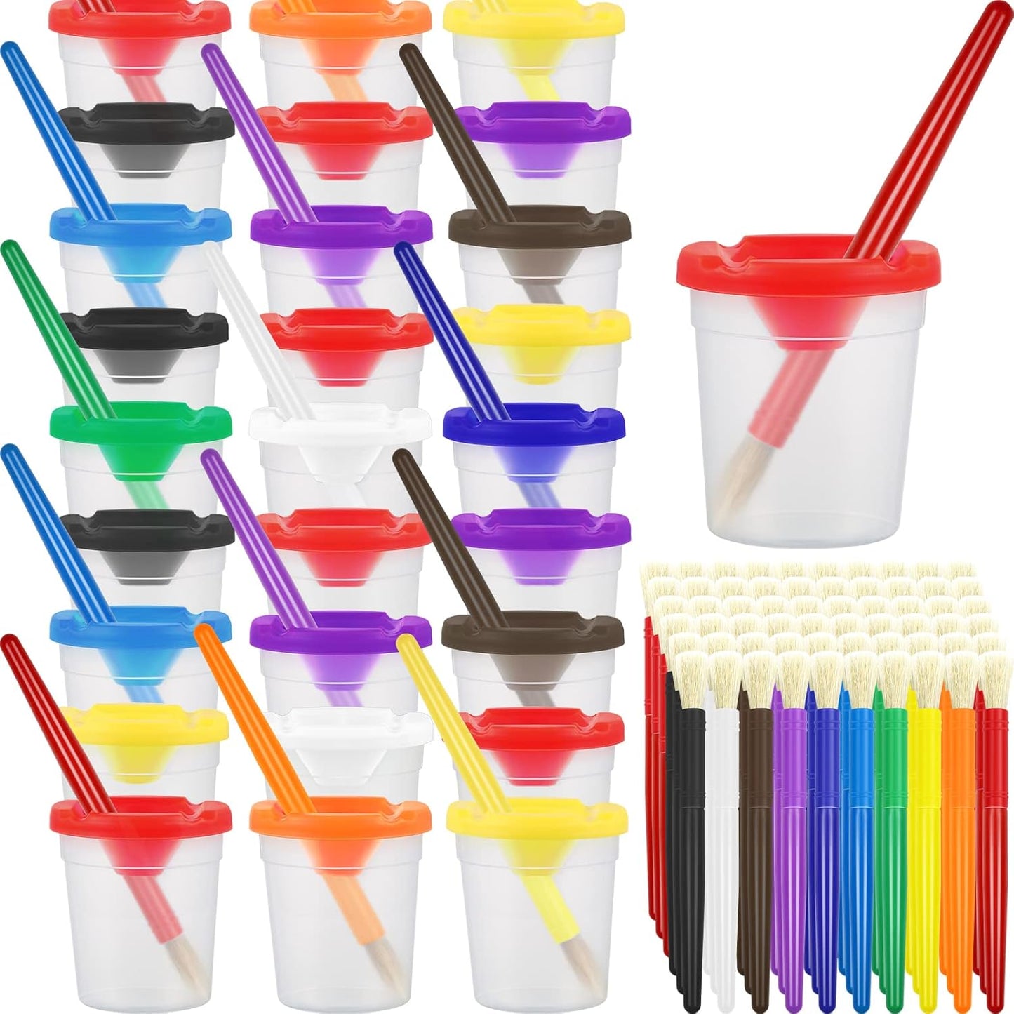 Gueevin no spill paint cups and brushes front view showcase for classroom arts and crafts.