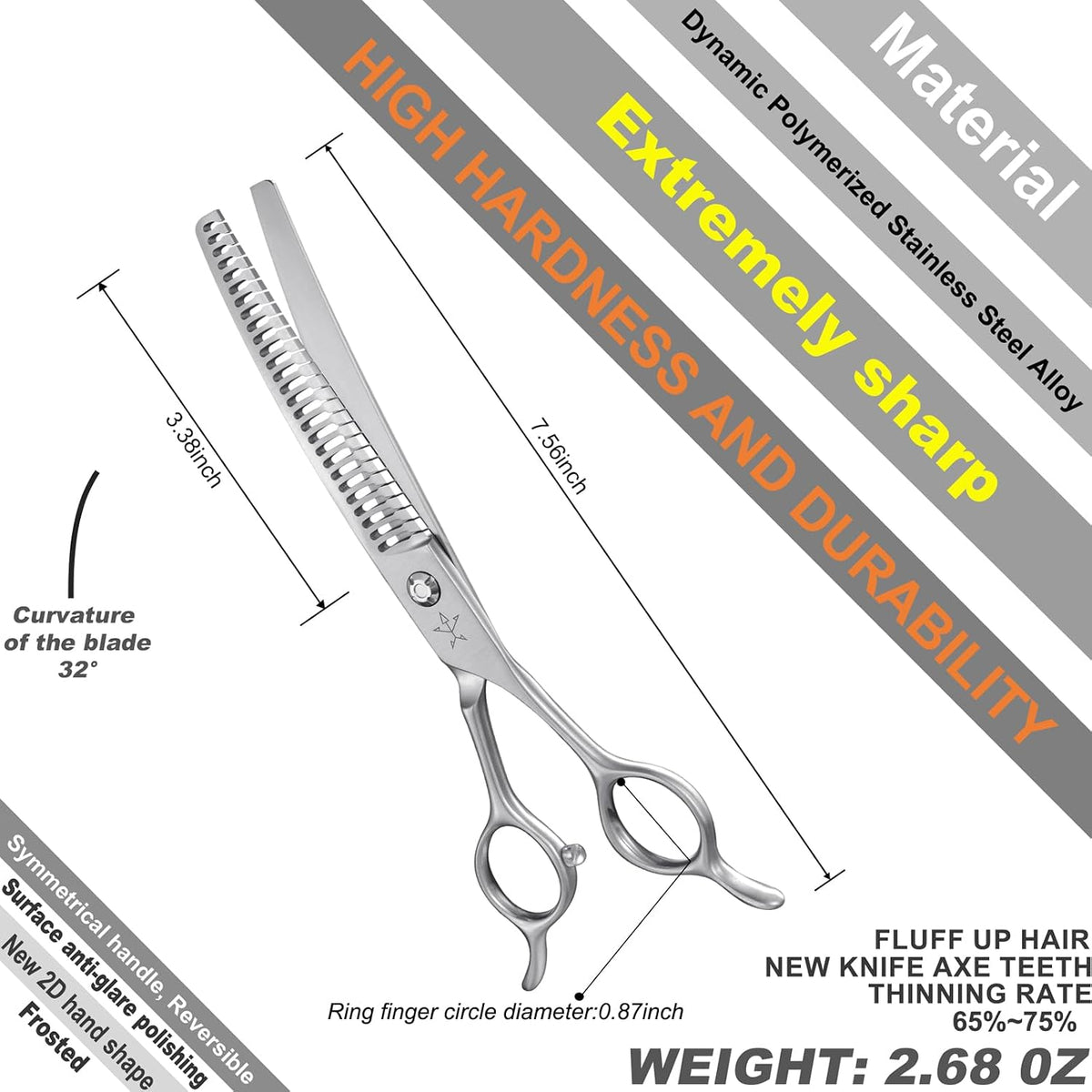 Fengliren seven inch pet texturizing shears highlighting the curved blending blade structure.