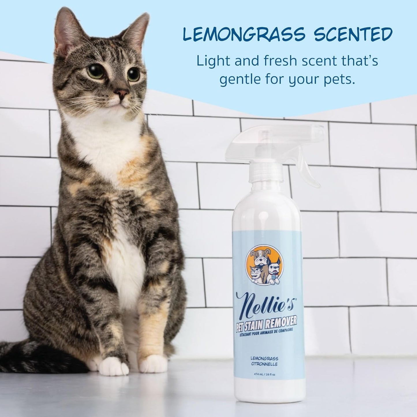 Close up of Nellies pet accident cleaner label demonstrating the non toxic certifications