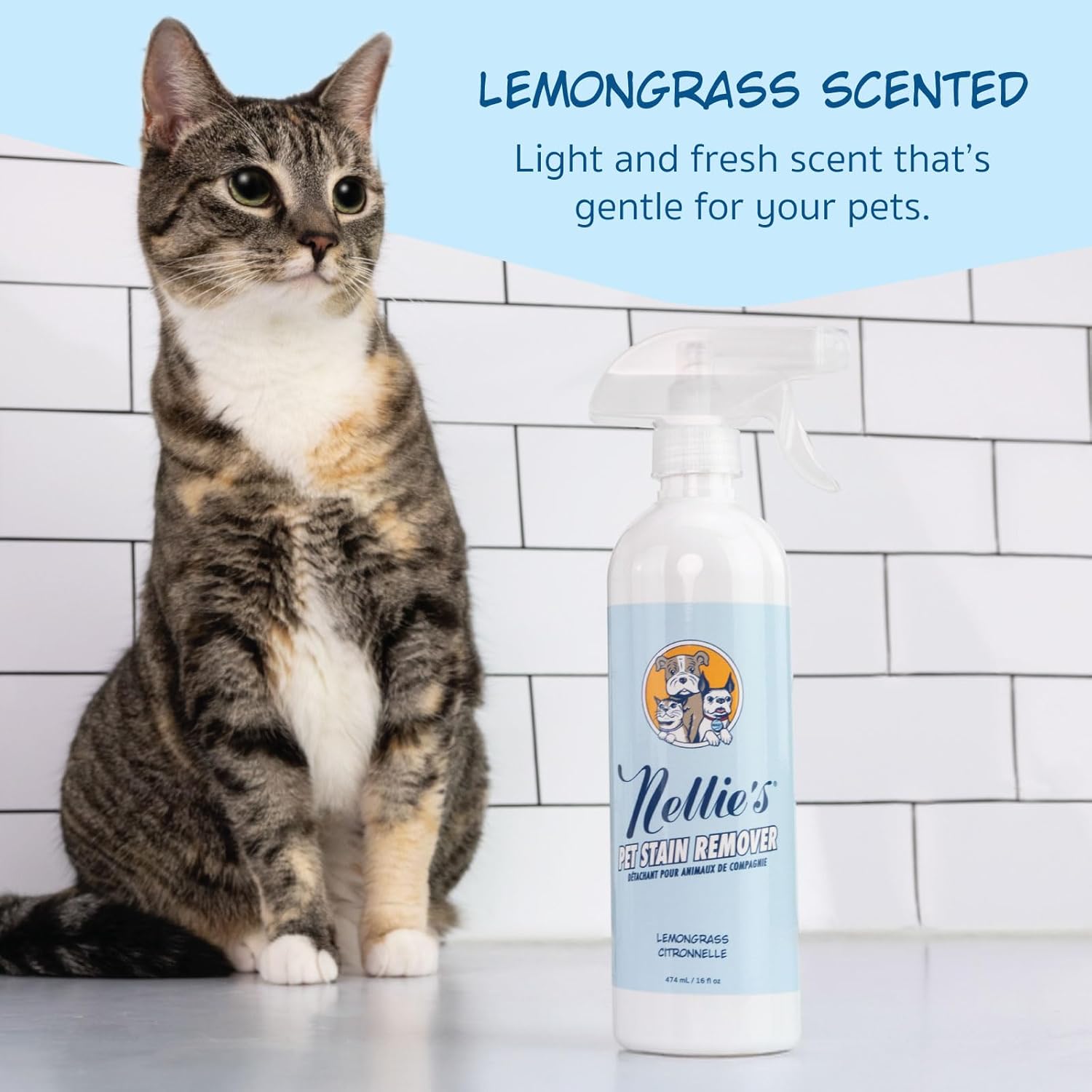 Close up of Nellies pet accident cleaner label demonstrating the non toxic certifications