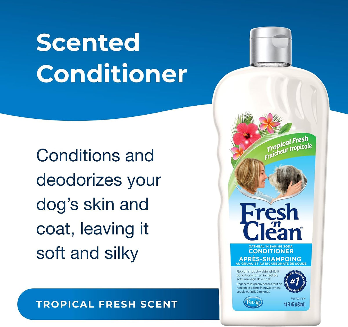 PetAg tropical scent dog conditioner packaging showing soap free formula details