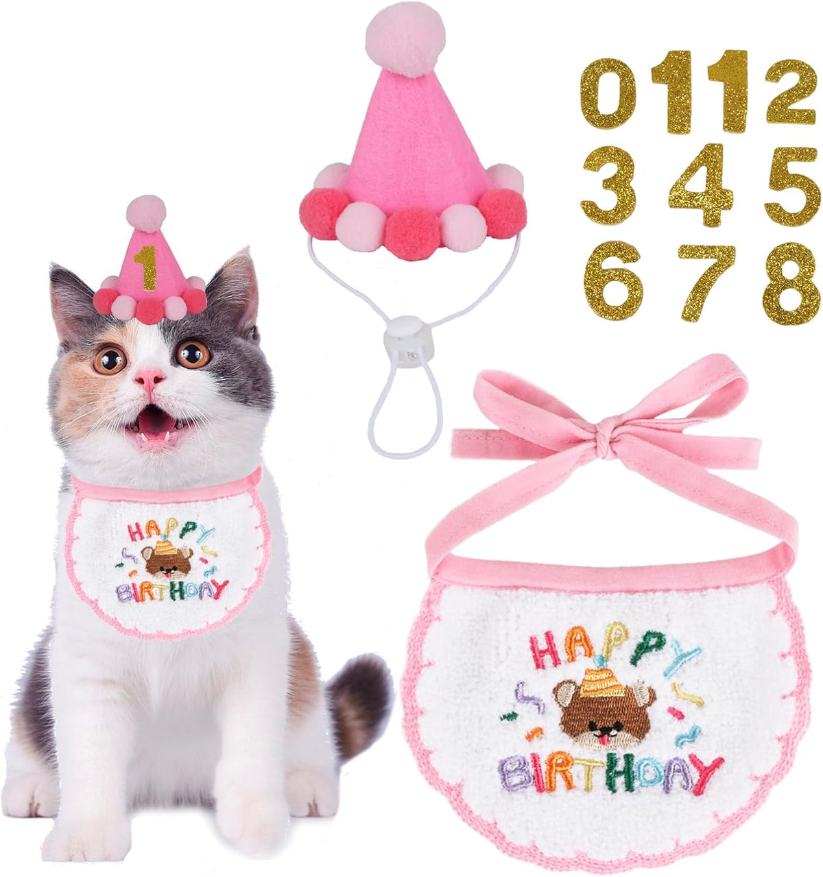Kitten wearing blue PTDECOR birthday party outfit