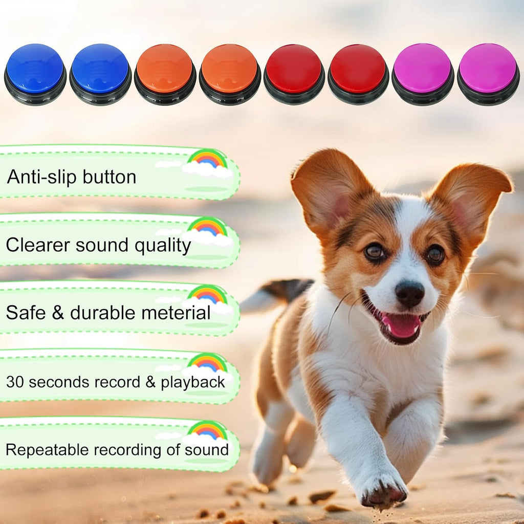 Eight multi colored Gelabur talking buttons for dogs organized on a training mat.