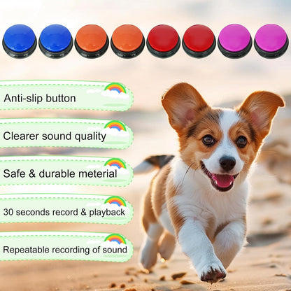 Eight multi colored Gelabur talking buttons for dogs organized on a training mat.