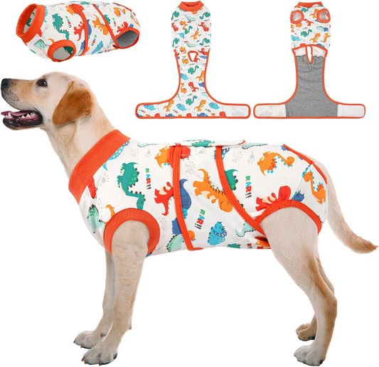 Kuoser dog surgery recovery suit front view dinosaur print
