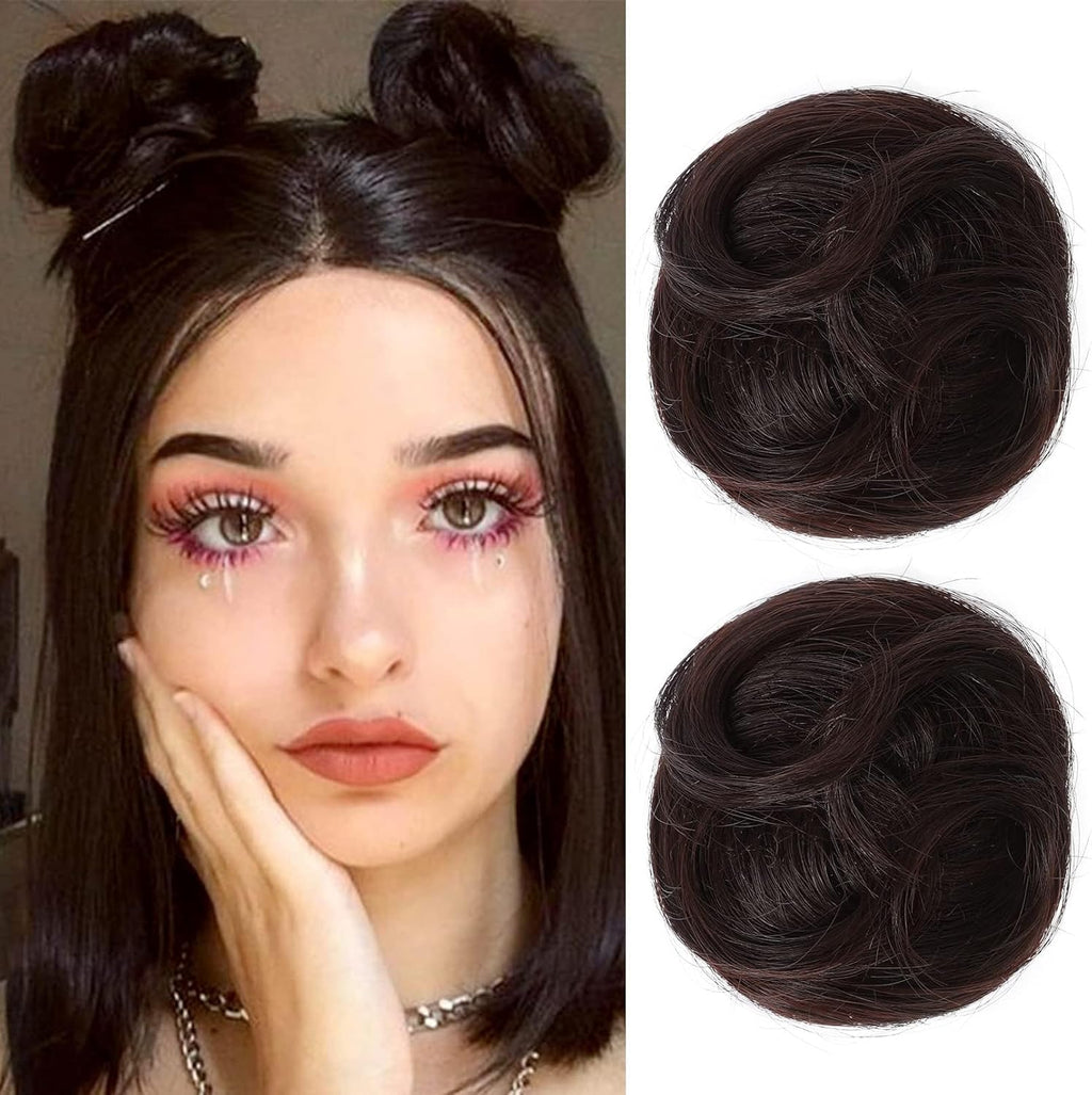 REECHO Space Bun Hair Pieces front view showing two wavy black brown mini claw clip extensions.