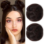 REECHO Space Bun Hair Pieces front view showing two wavy black brown mini claw clip extensions.