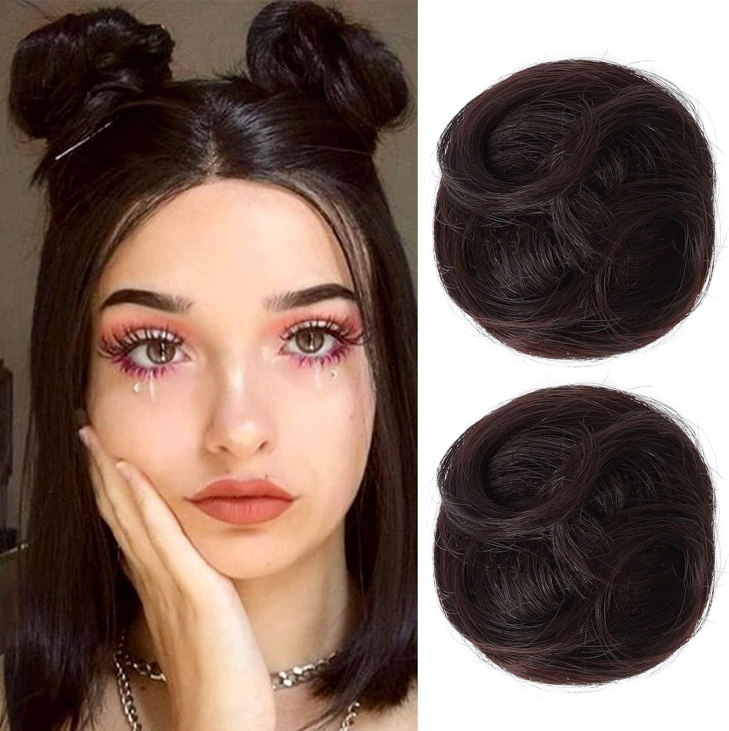 REECHO Space Bun Hair Pieces front view showing two wavy black brown mini claw clip extensions.