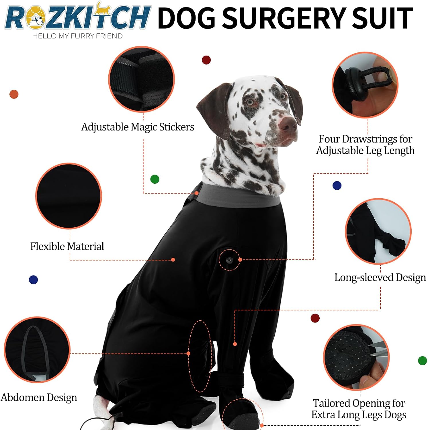 Rozkitch canine post-surgery bodysuit showing adjustable leg drawstrings