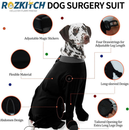 Rozkitch canine post-surgery bodysuit showing adjustable leg drawstrings