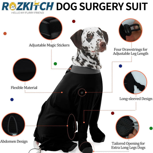 Rozkitch canine post-surgery bodysuit showing adjustable leg drawstrings
