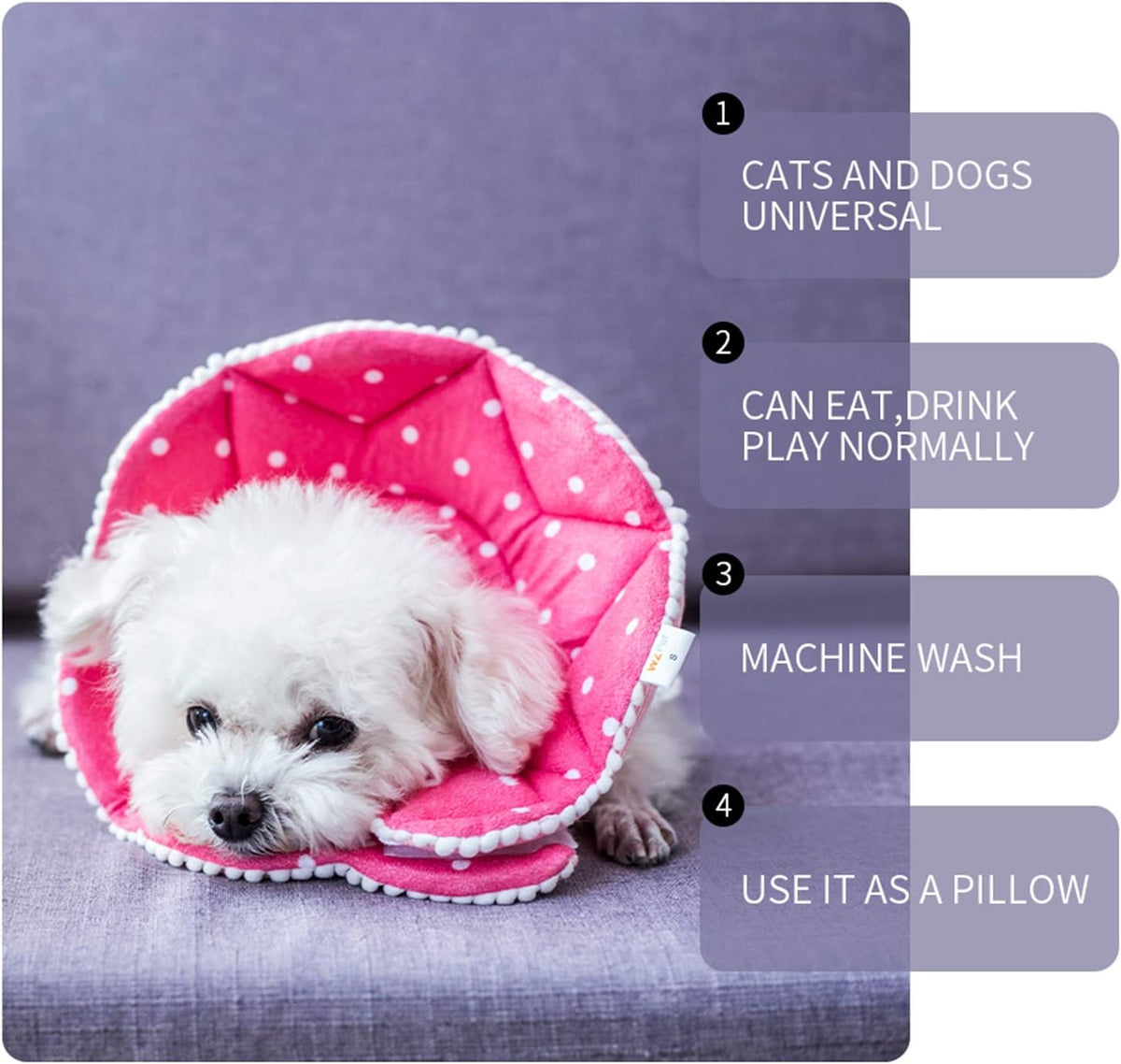 Soft fabric pet recovery donut collar in pink polka dot design