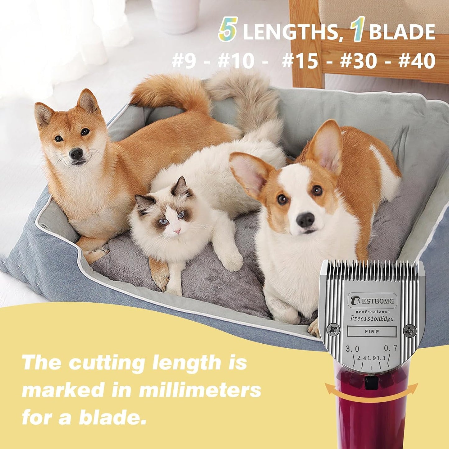 Packaging content showing all three premium adjustable animal grooming blades.