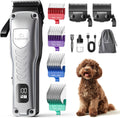 FuzzyFix professional dog clippers front view displaying the silver cordless body and digital battery screen.
