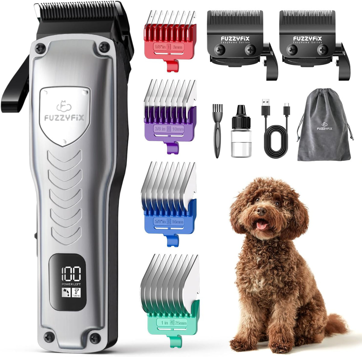 FuzzyFix professional dog clippers front view displaying the silver cordless body and digital battery screen.
