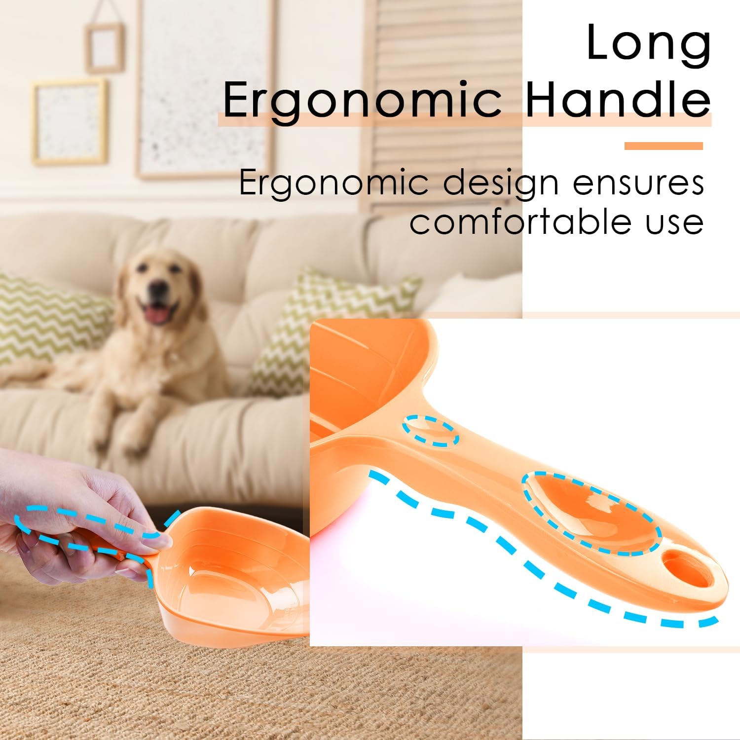 Durable orange melamine scoop next to dog food bowl