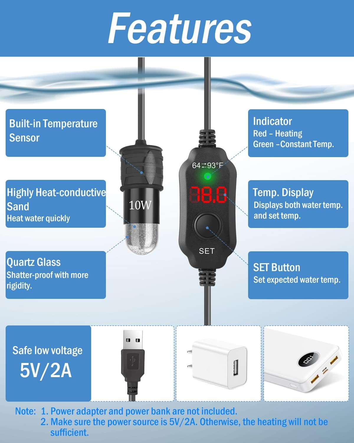 AquaMiracle USB heater connected to a power bank