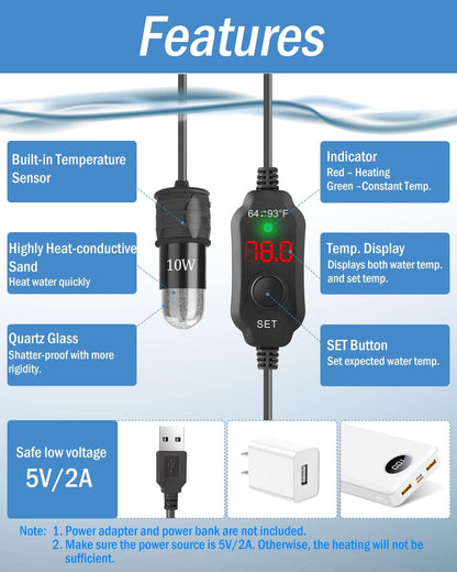 AquaMiracle USB heater connected to a power bank