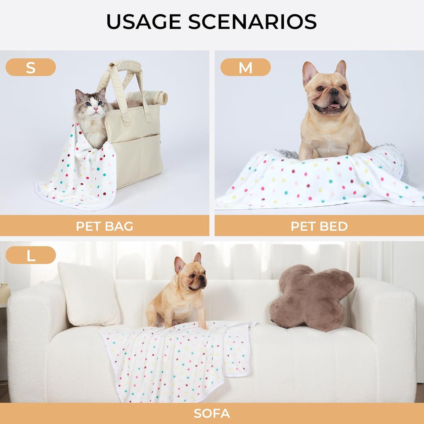 Luciphia small dot pattern dog throw blanket spread out flat on a beige sofa