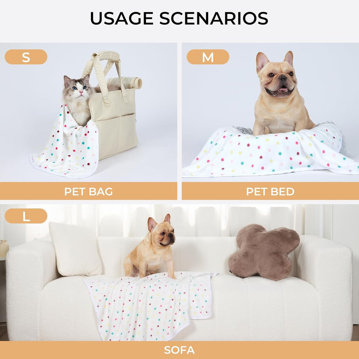 Luciphia small dot pattern dog throw blanket spread out flat on a beige sofa