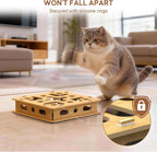 Self grooming cat scratcher toy with four colorful bell balls inside the maze compartments.