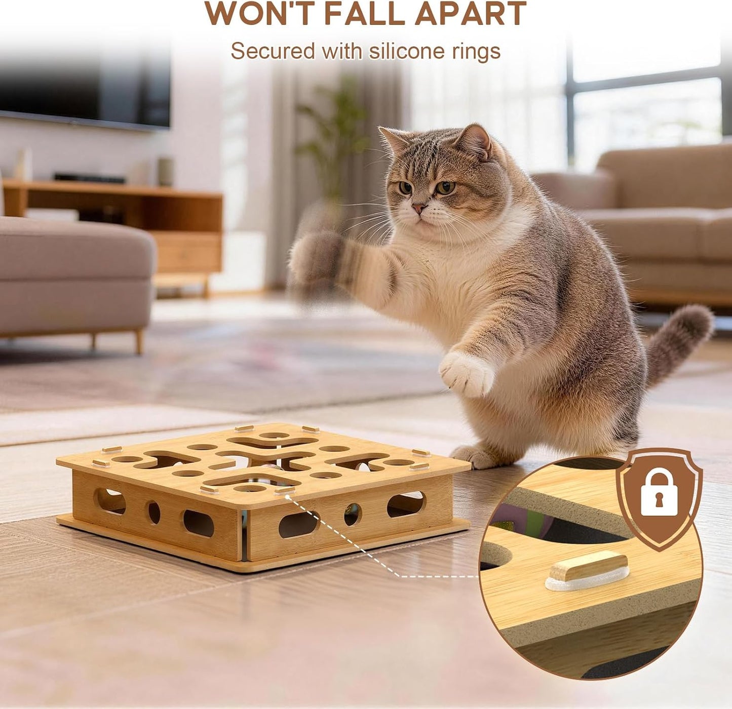 Self grooming cat scratcher toy with four colorful bell balls inside the maze compartments.